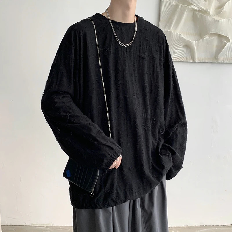Spring Summer Men Hole T Shirts Harajuku Hip Hop Long Sleeve Oversized Tshirts Male Korean Fashion Tee Tops Plus Size 3XL 240812