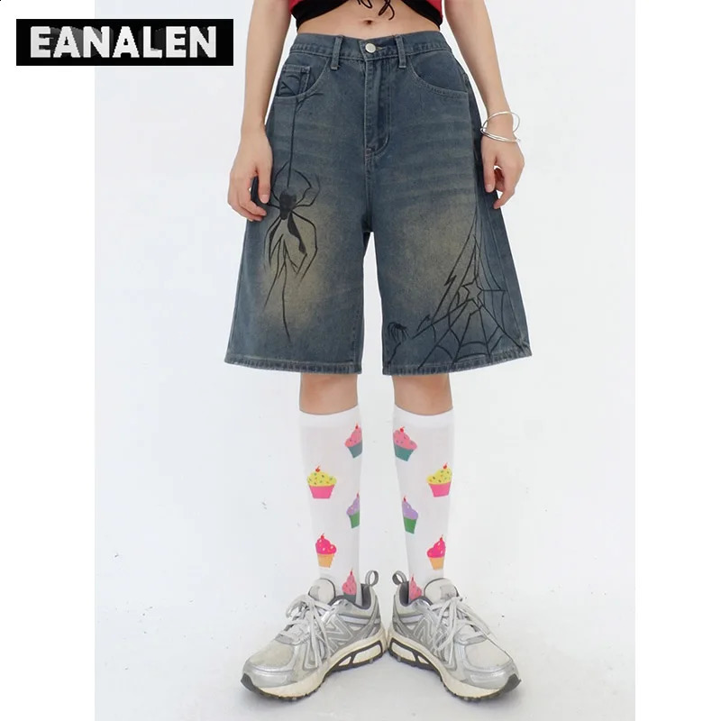 Harajuku retro graffiti spider pattern denim shorts mens oversized street rock punk campus sports basketball boyfriend 240812