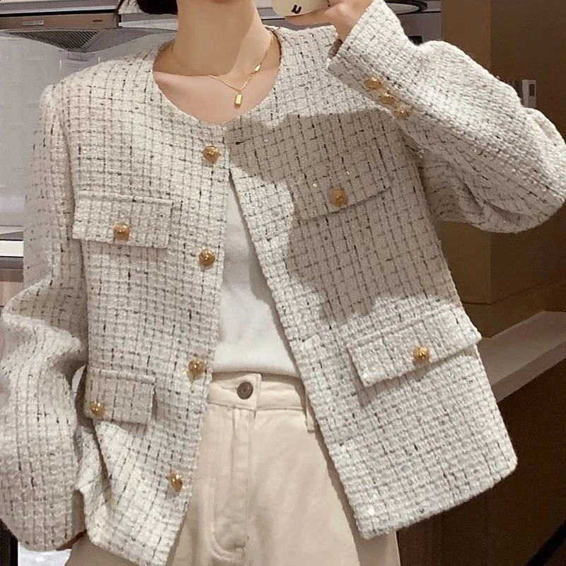 Hdspq Chic Striped Tweed Jackets Women Autumn Woman O Neck Long Sleeve Coats Woman with Pocket Korean Style Jacket Outwear 240812