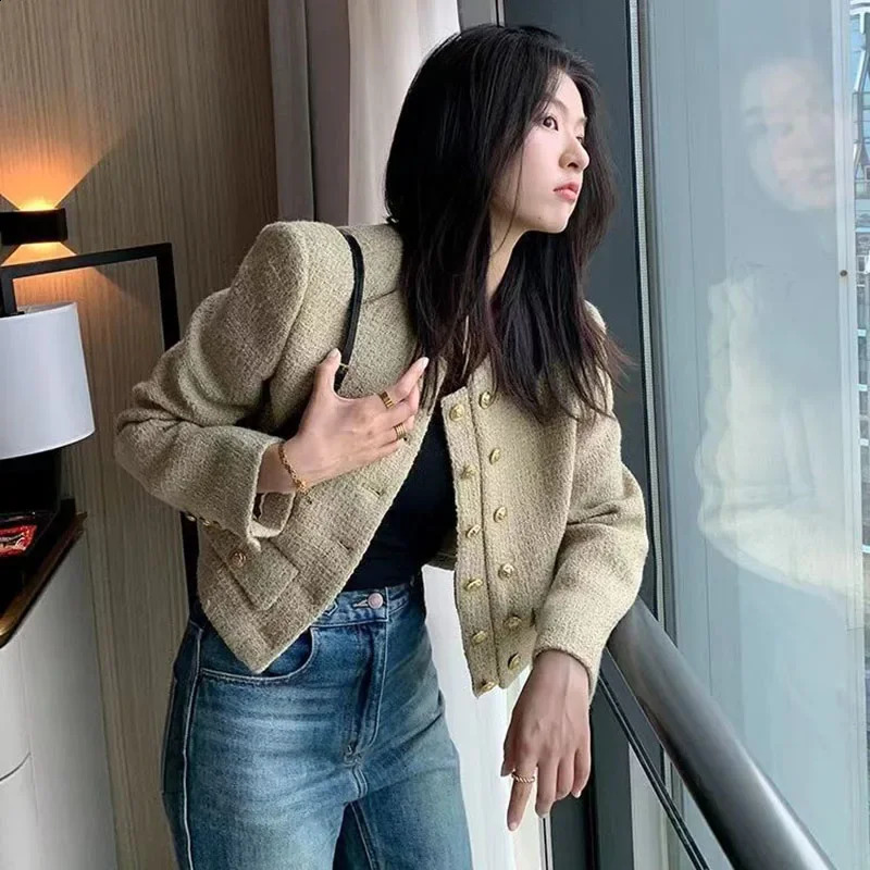 Vintage Womens Tweed Jackets Elegant Chic Double-Breasted with Pocket Jacket Ladies Korean Fashion O-Neck Outwear Short Coat 240812