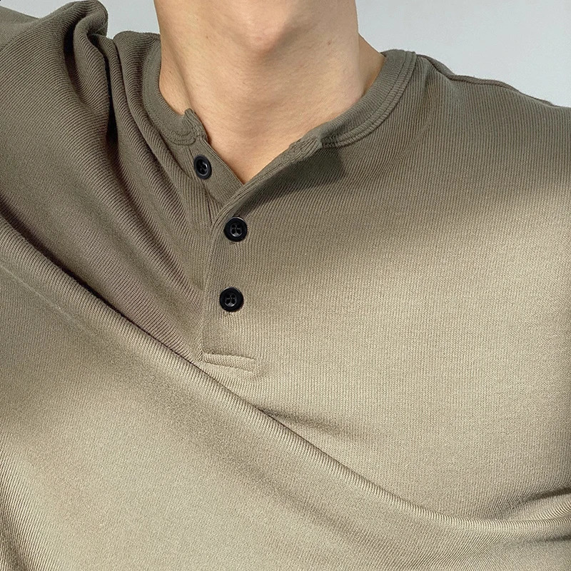 Mens Spring Autumn Solid Color Section Of Bamboo Cotton Henry Collar Long-Sleeved T-Shirt Fashion Casual Daily Loose Tops 240812