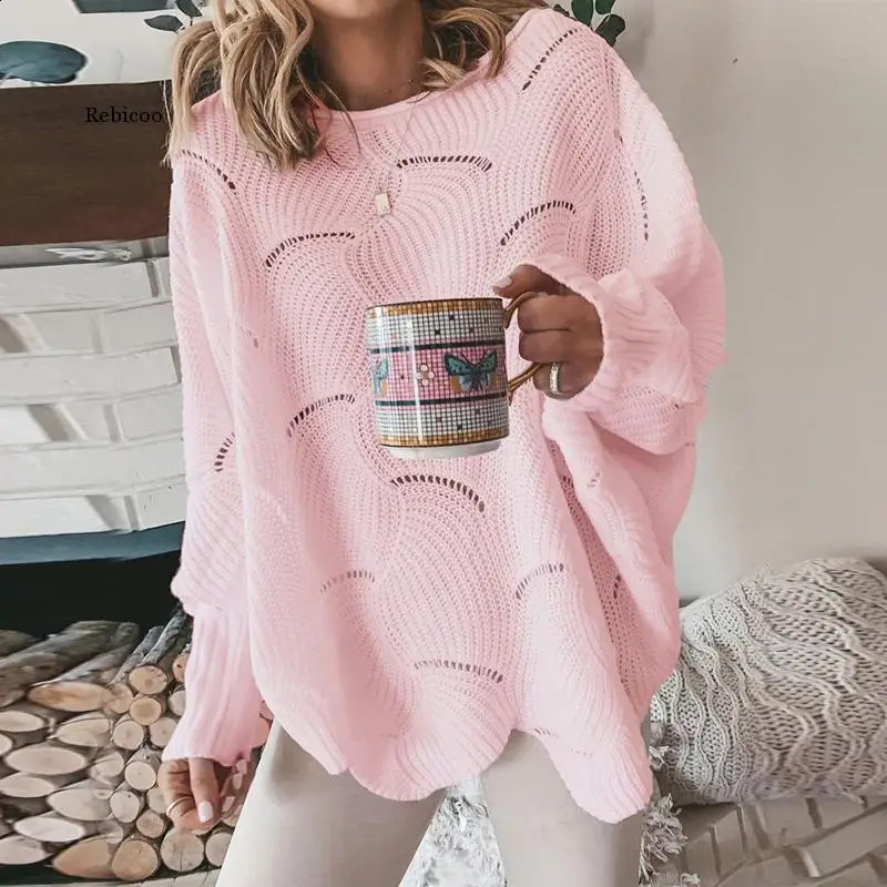Women Hollow Out Sweater Elegant Spring Autumn Loose S Knitted Pullovers Female Winter Casual o Neck Solid Color Sweaters 240813