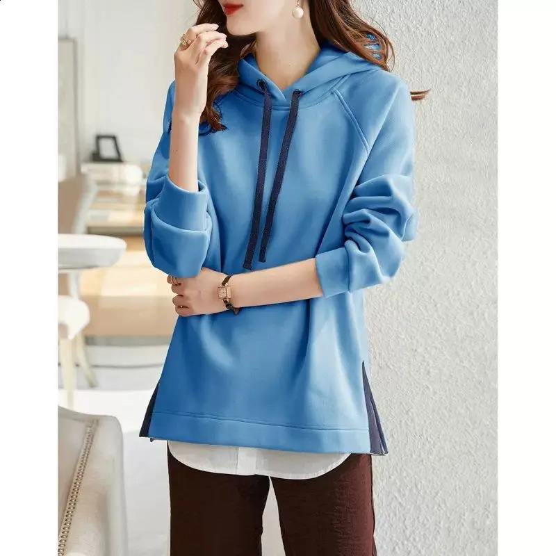 Spring and Autumn Fashion Trend Minimalist Casual Loose Oversize Long Sleeved Hem Split Hooded Tie Up Sweater for Women 240812