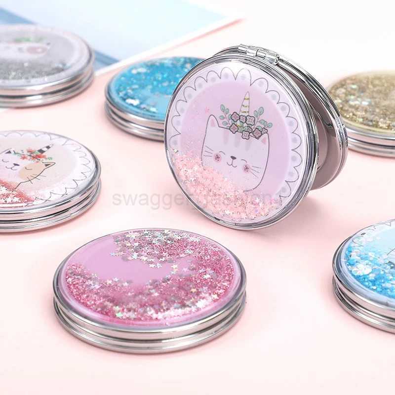 Portable Small Double-Sided Folding Cosmetic Mirror Creative Quicksand Makeup Round Mirror Cartoon Mirror Compact Pocket MirrorsXJ240813