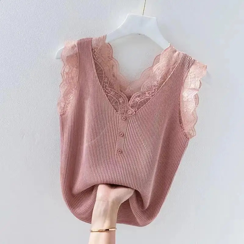 Ice Camisole Womens Summer Oversized Tank Top Fashionable Splicing Lace T-shirt Bottoming Knitwear Womens Top 240813