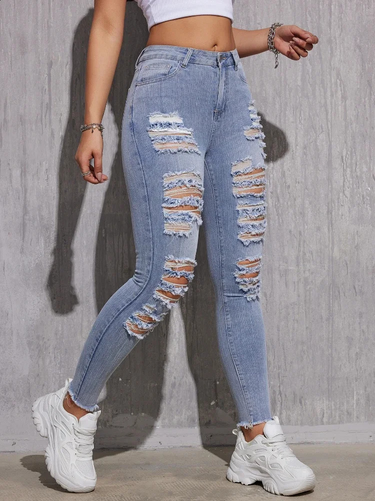 Women Stretch Skinny Ripped Jeans Lady High Waist Hole Denim Pants Zipper Button Fly Pockets Solid Color Denim Pencil Trousers 240813