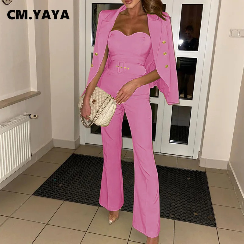 CM YAYA Elegant Womens Long Sleeve Jacket Wide Leg Sparkling Belt jumpsuit Office Track and Field Wear Two Piece Set INS 240812