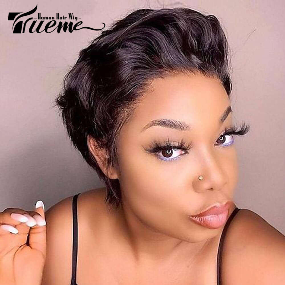Short Highlight Pixie Brazilian Front Wigs For Women Ombre Blonde Slick Back Human Hair Lace Wig