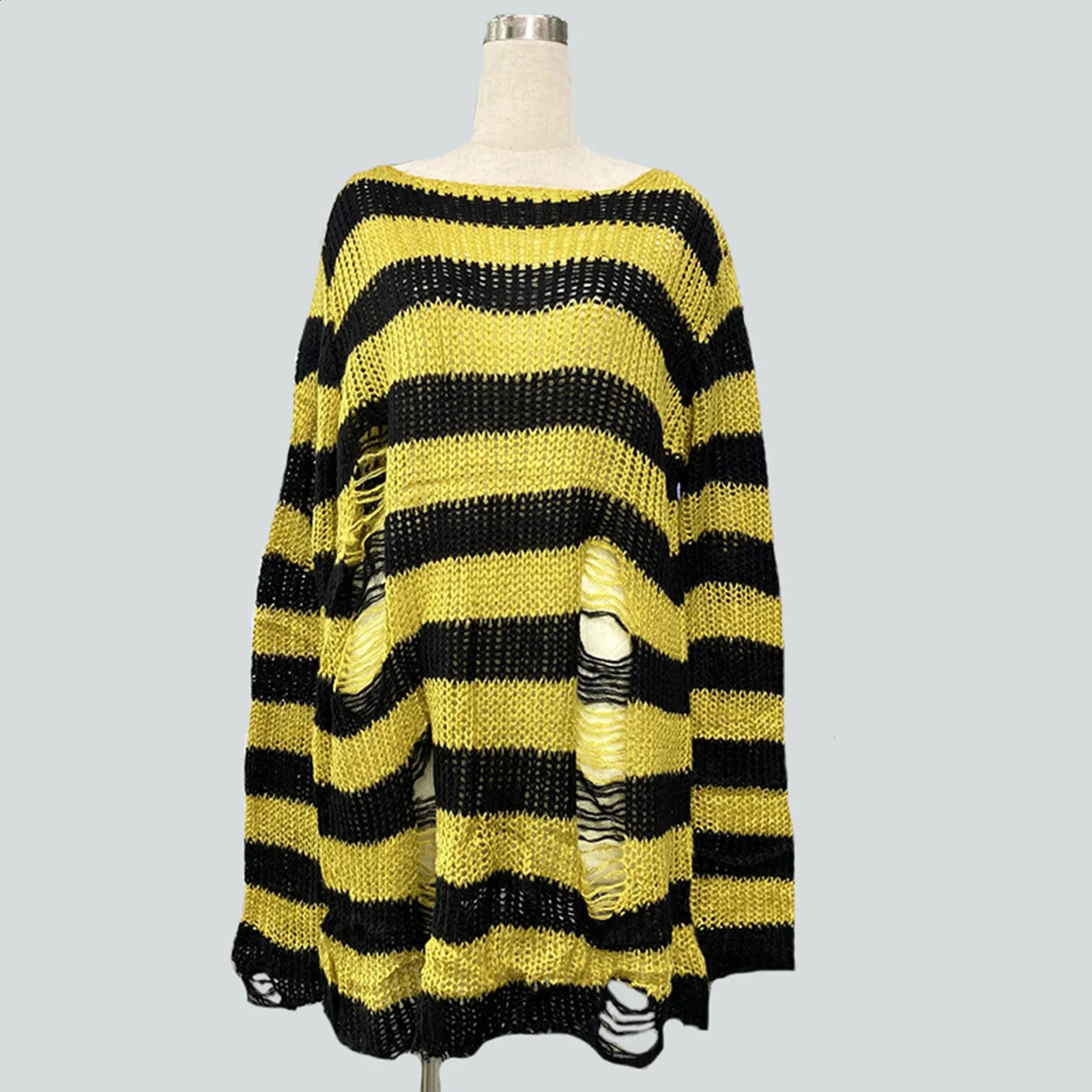 Goth Punk Gothic Sweater Oversized Pullovers Women Striped Cool Hollow Out Hole Broken Jumper Harajuku Aesthetics Sweate 240812