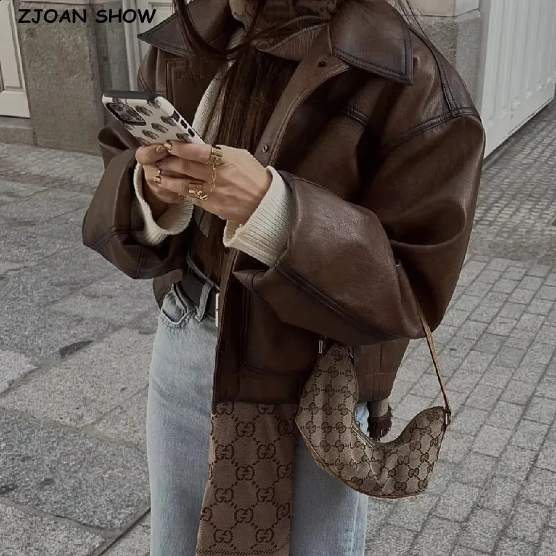 American Retro Women Vintage Gradient Brown PU Leather Jacket Full Sleeve Single-breasted Button Coat Loose Short Outerwear 240813
