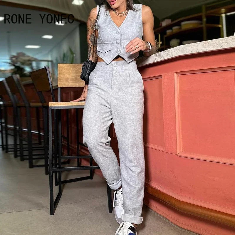 V-Neck Buttoned Vest Top Pants Set Women Two Pieces Suits 240813