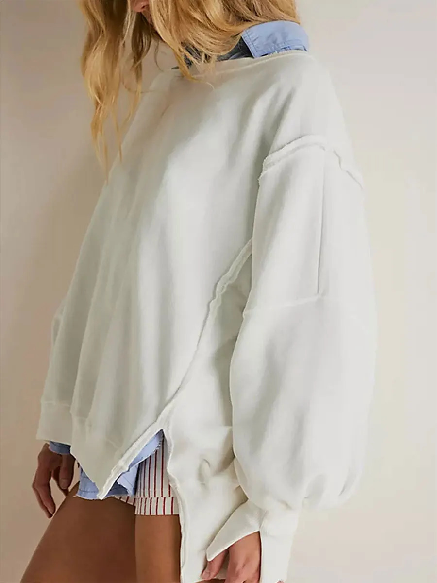 Womens Slouchy Oversized Sweatshirts Ladies Long Sleeve Side Slit Crew Neck Drop Shoulder Fall Pullover Tops 240812