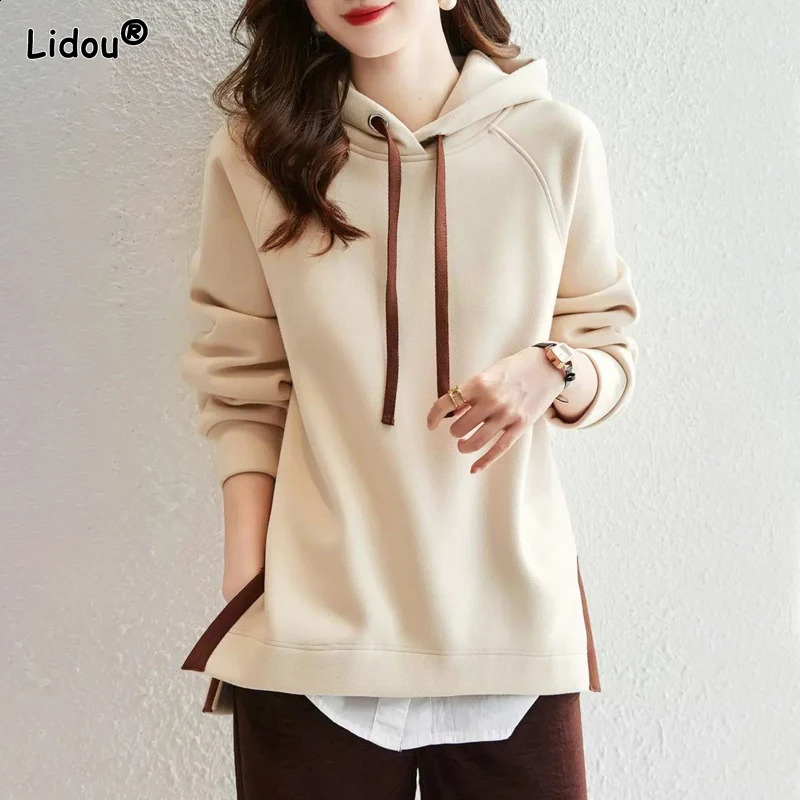 Spring and Autumn Fashion Trend Minimalist Casual Loose Oversize Long Sleeved Hem Split Hooded Tie Up Sweater for Women 240812