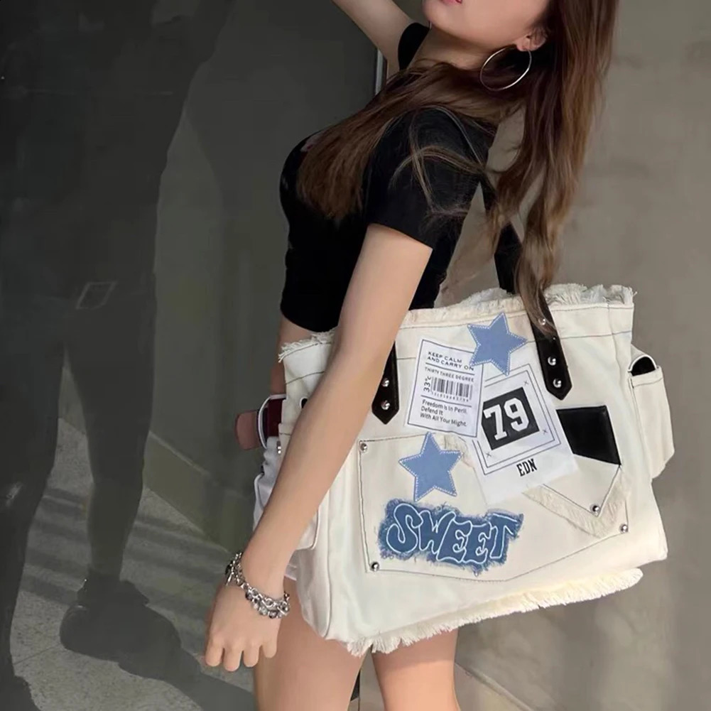 Womens casual square large capacity solid shoulder bag with side pockets star shaped handbag canvas 240813