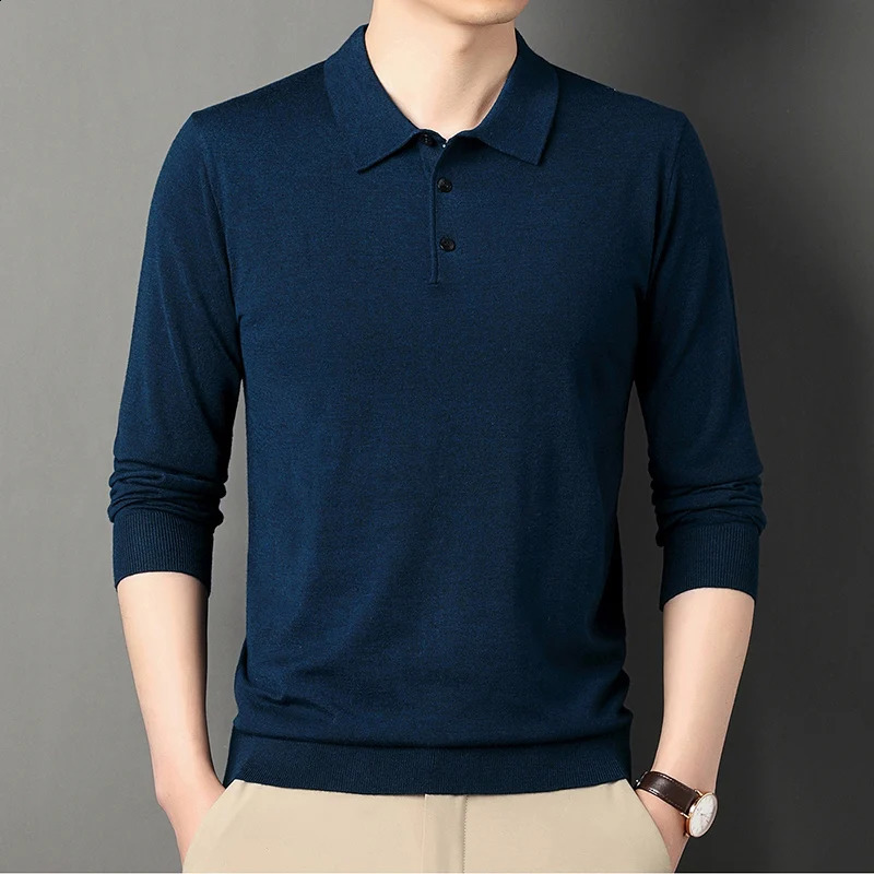 Classic High Quality Mens Autumn Long Sleeve Wool Blended Solid Color Lapel Polo Pullover Sweater Casual Basement Shirt 240809