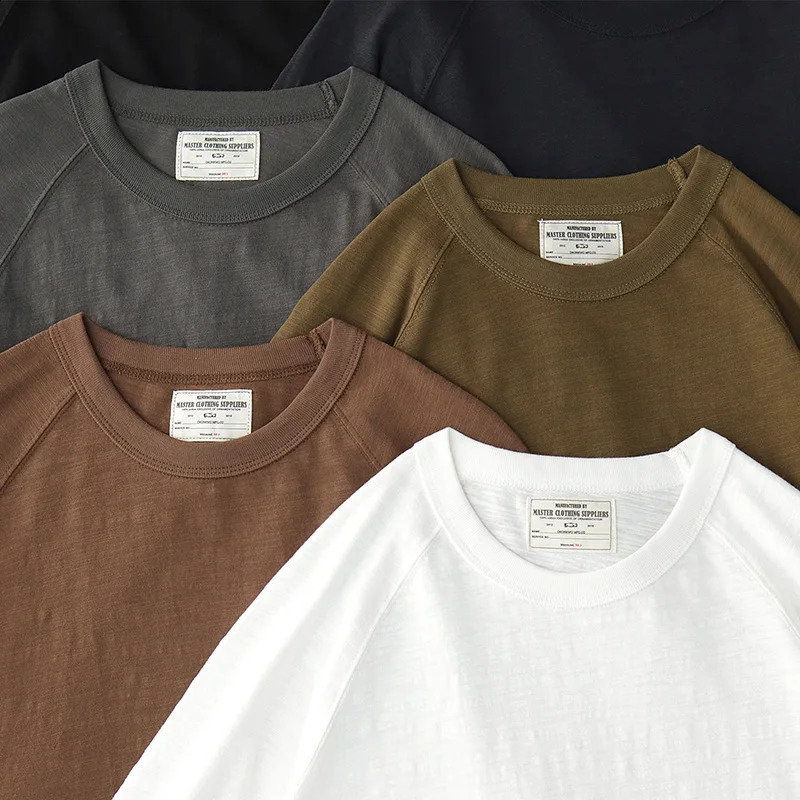 Autumn American Retro 210g Long Sleeve O-neck Solid Color T-shirt Mens Fashion 100% Slub Cotton Washed Casual Loose Tops 240812