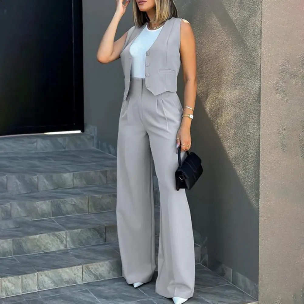 Two-piece Suit Elegant Lady Baggy Pants Set with Sleeveless Vest Solid Color High Waist Womens Wide Leg Pants Casual for A 240813