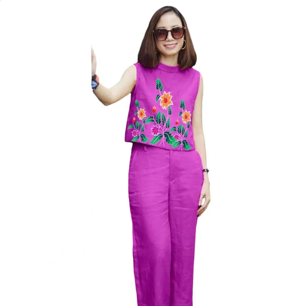 Summer Cotton Womens Set Sleeveless O-Neck Tank Top Wide Leg Pants Two Piece Sets Women Outifits Oversize Clothes Outfits 240813