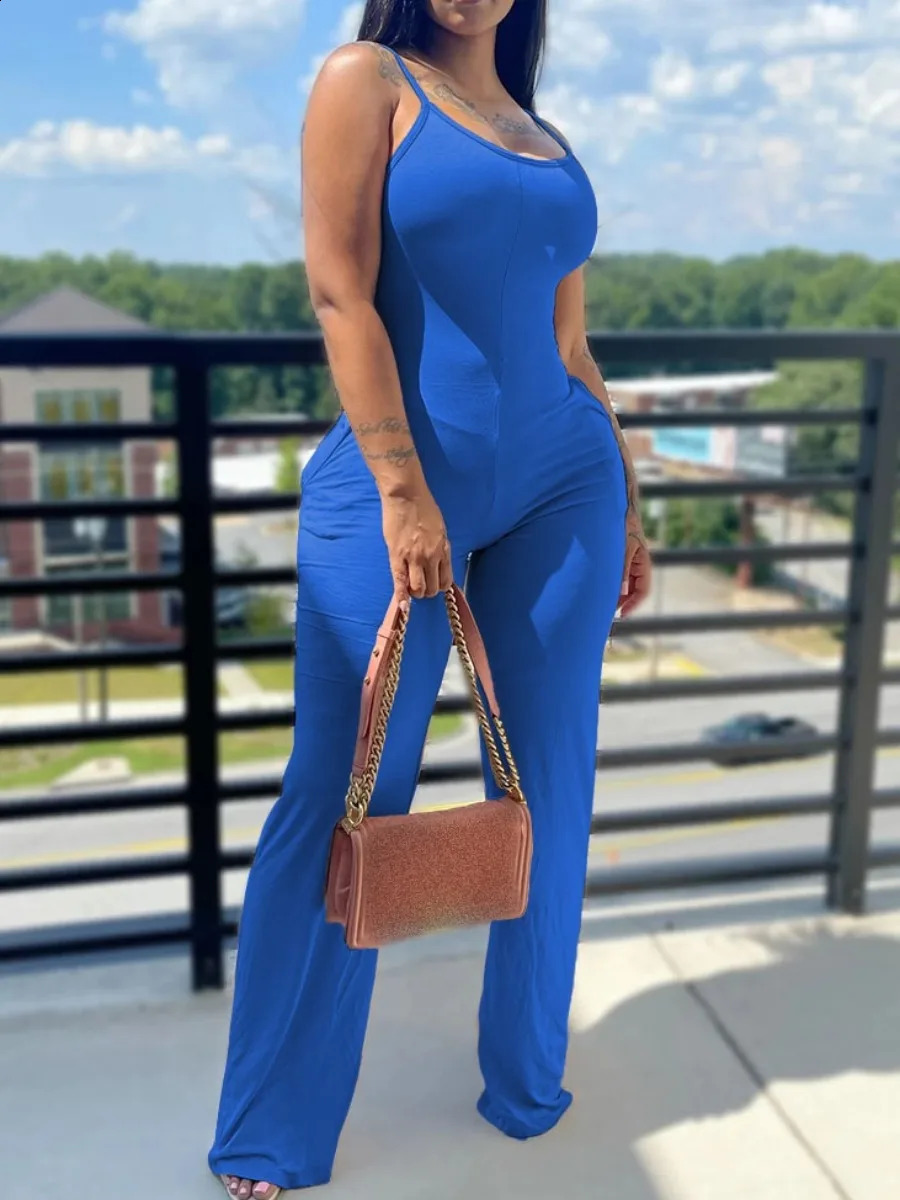 LW Printed Solid Color Suspender Jumpsuit Women Round Neck Sleeveless Jumpsuit Fashion Basic Casual Outfits 240813