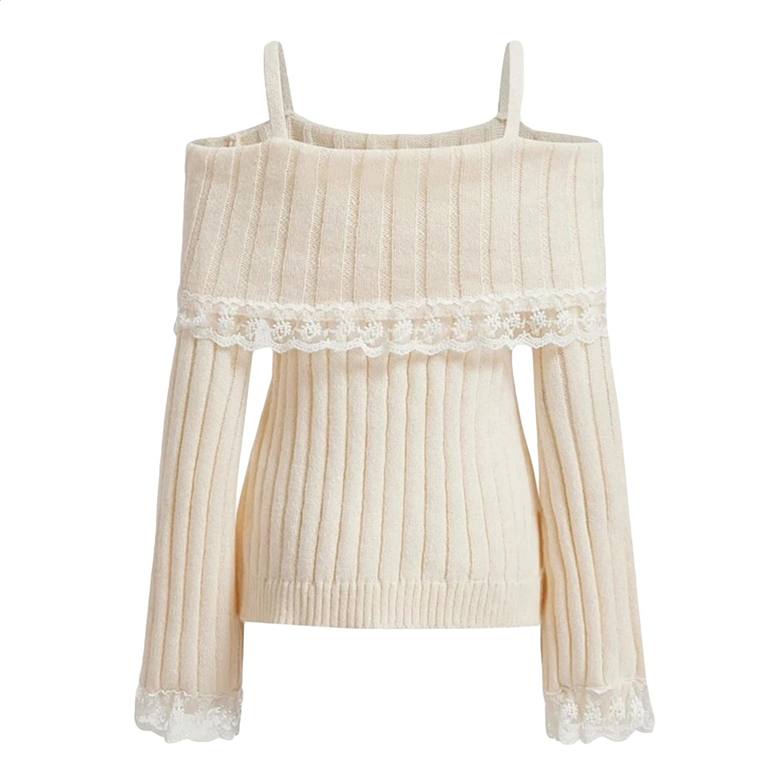 Women Off Shoulder Knit Sweater Solid Color Sweet Pullovers Long Sleeve Bow Lace Patchwork Cute Jumpers Club Streetwear Y2k 240813