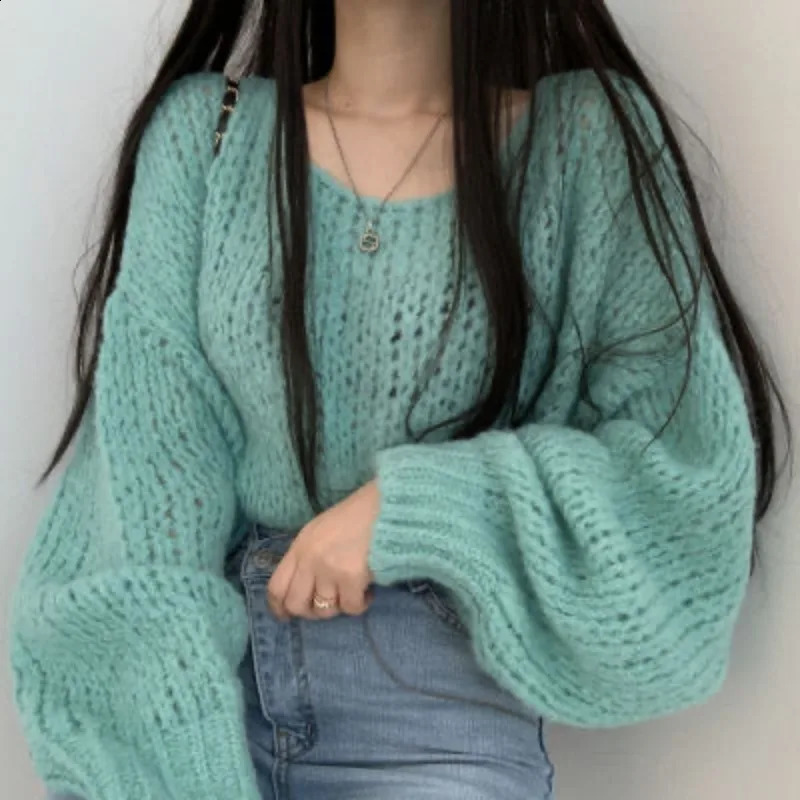 Autumn and Winter Womens Pullover Round Neck Solid Color Hollow Lantern Long Sleeve Sweater Knitwear Fashion Casual Loose Tops 240813