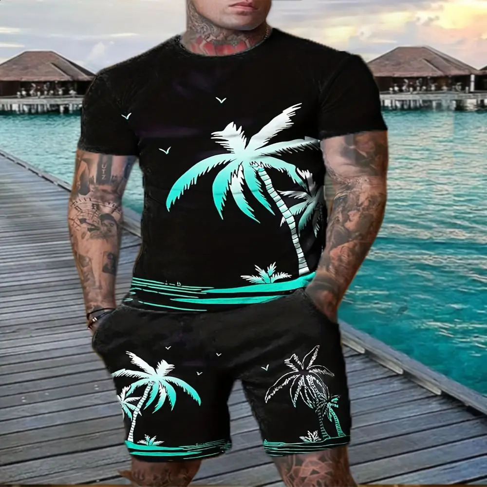 Hawaii Mens Street Oversized Summer Mens Clothing 3D Printed Maple Leaf Mens T-Shirt Shorts Two Piece Mens Sportswear Set 240813