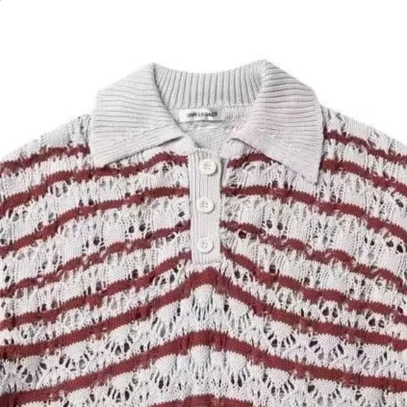 Summer Retro Stripe Knitted Hollow Polo Sweater Flip Collar Casual Mens Loose Short Sleeve Trend 240812