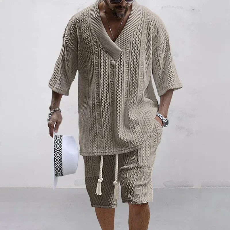 Summer Casual Shorts Set Knitted Two Piece Mens Vneck Short Sleeve Tshirt and Street Clothing 240812