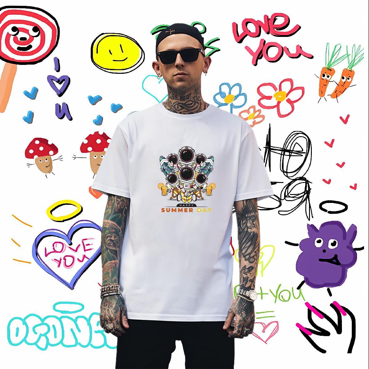 T-Shirts for Men 230g 100% Cotton cosmonaut Street Casual Breathable Crew Neck DIY Couples T Shirts 2024 New Cool Design Top Tees
