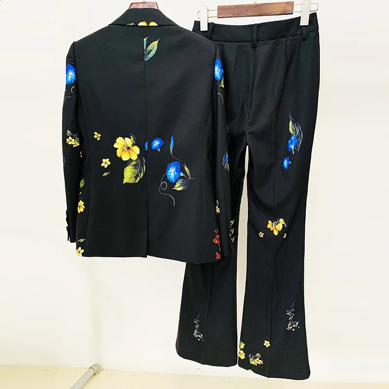 Get Spring Womens Pants Set Autumn Printed Single Button Jacket Coat High Waist Long Flame Two Piece 240812