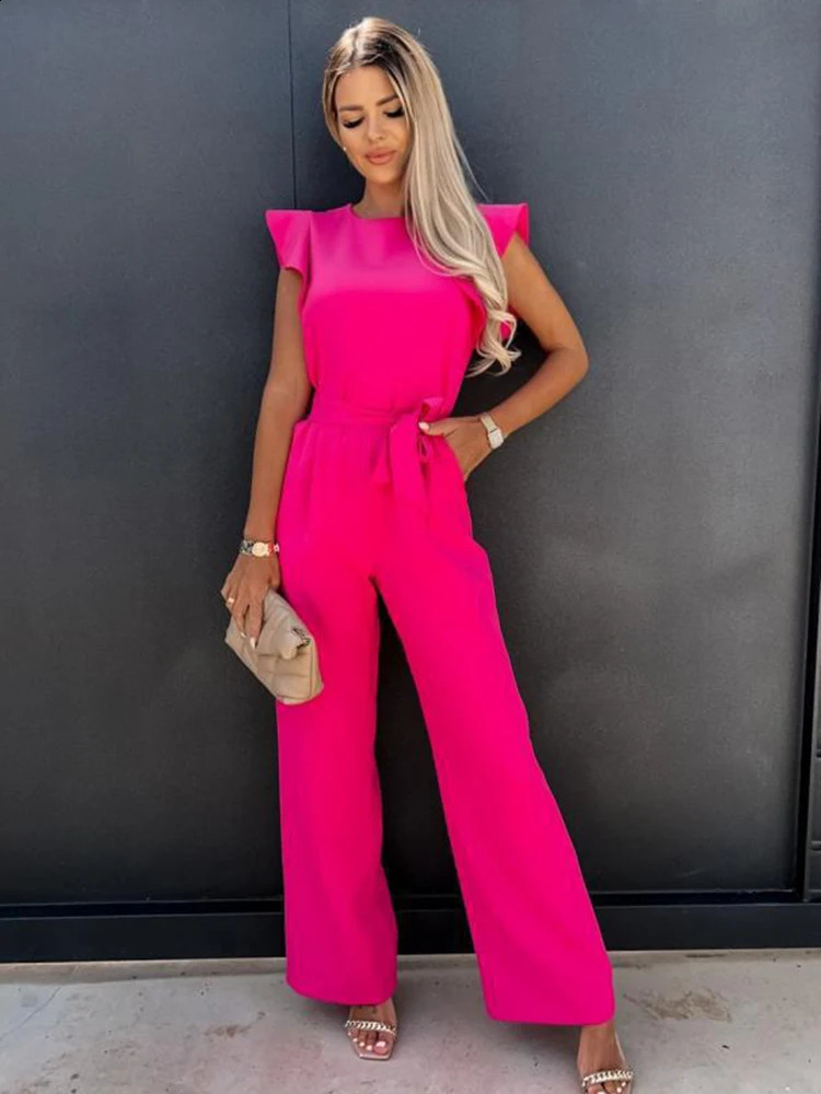 Summer Womens Jumpsuits Elegant Belt Solid Overalls Woman Jumpsuit Casual O-neck Ruffles Office Lady Wide Leg Playsuits 240813