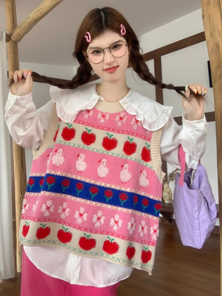 Cartoon Knitted Vest Sweater Women Preppy Style Kawaii O-Neck Contrasting Colors Sleeveless Sweaters Y2K Cute Pullovers 240812