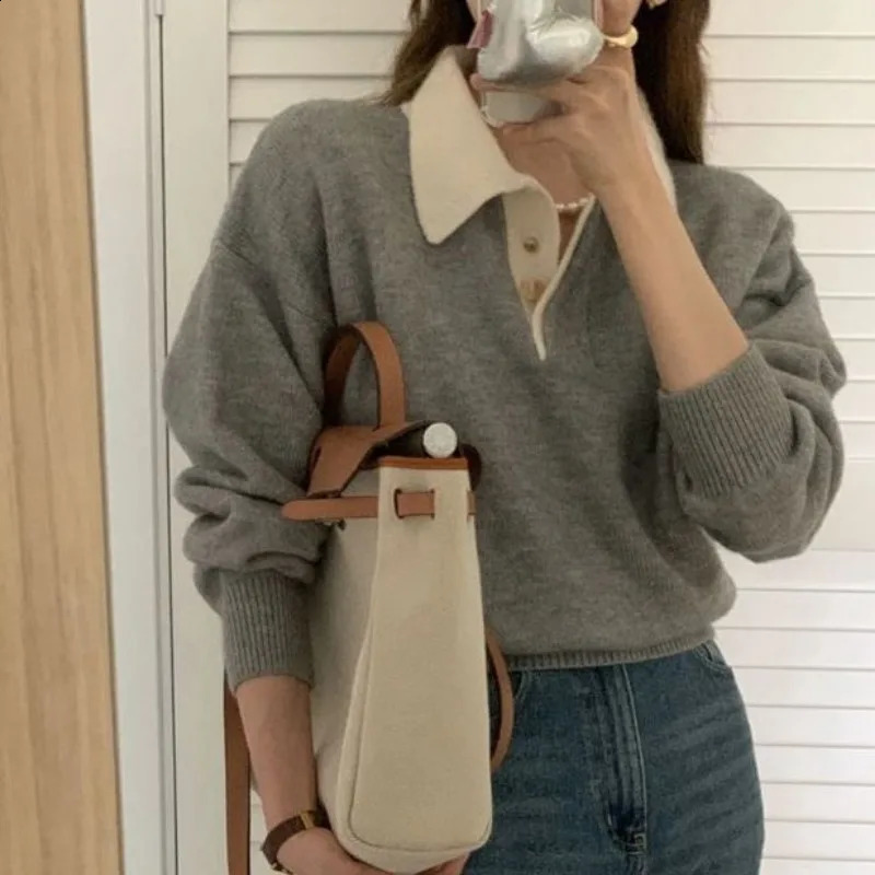 Deeptown Vintage Long Sleeve Female Sweater Korean Style Youthful Woman Gray Jerseys Office Wear Elegant Ladies Knit Pullovers 240813