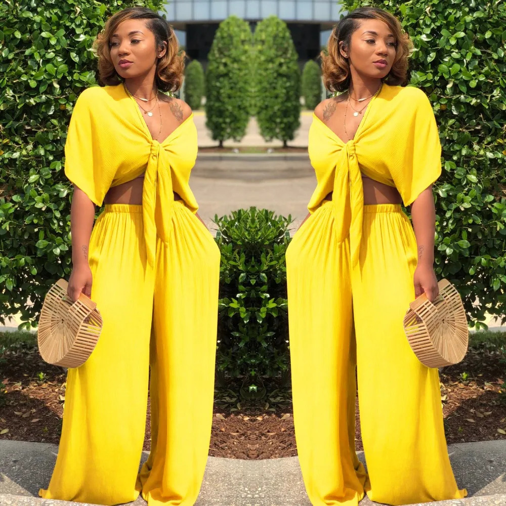 Women loose wide leg pants bandage lace up crop top 2 piece set for female women v-neck short sleeve two piece set womens suits 240813
