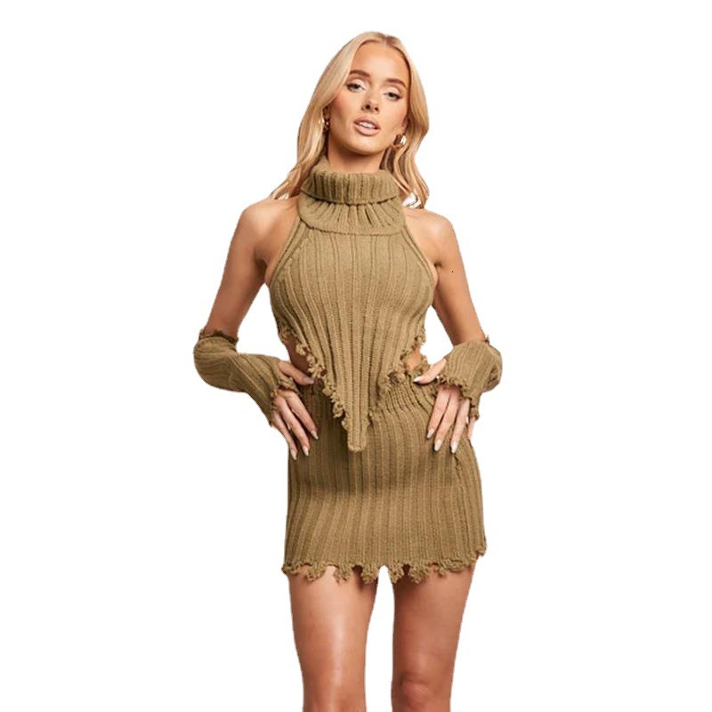 2024 Fashion Casual Set, Neck Hanging, Spicy Girl Knitted Top, Hip Wrapping, Short Skirt, Women's Two Piece Set