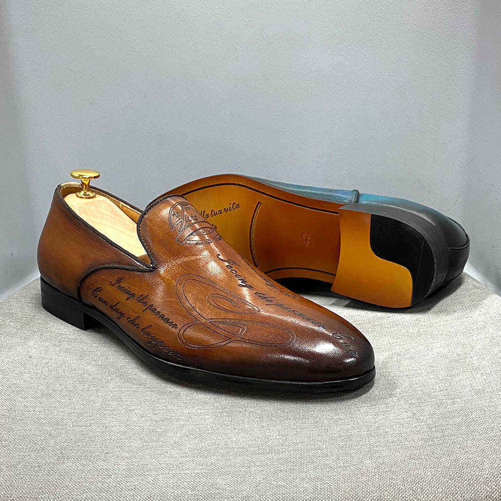 CMM Italian Style Handpainted Letters Mens Shoes Leather Formal Shoes Mens Loafer Shoes One Foot Business Casual Single Shoes