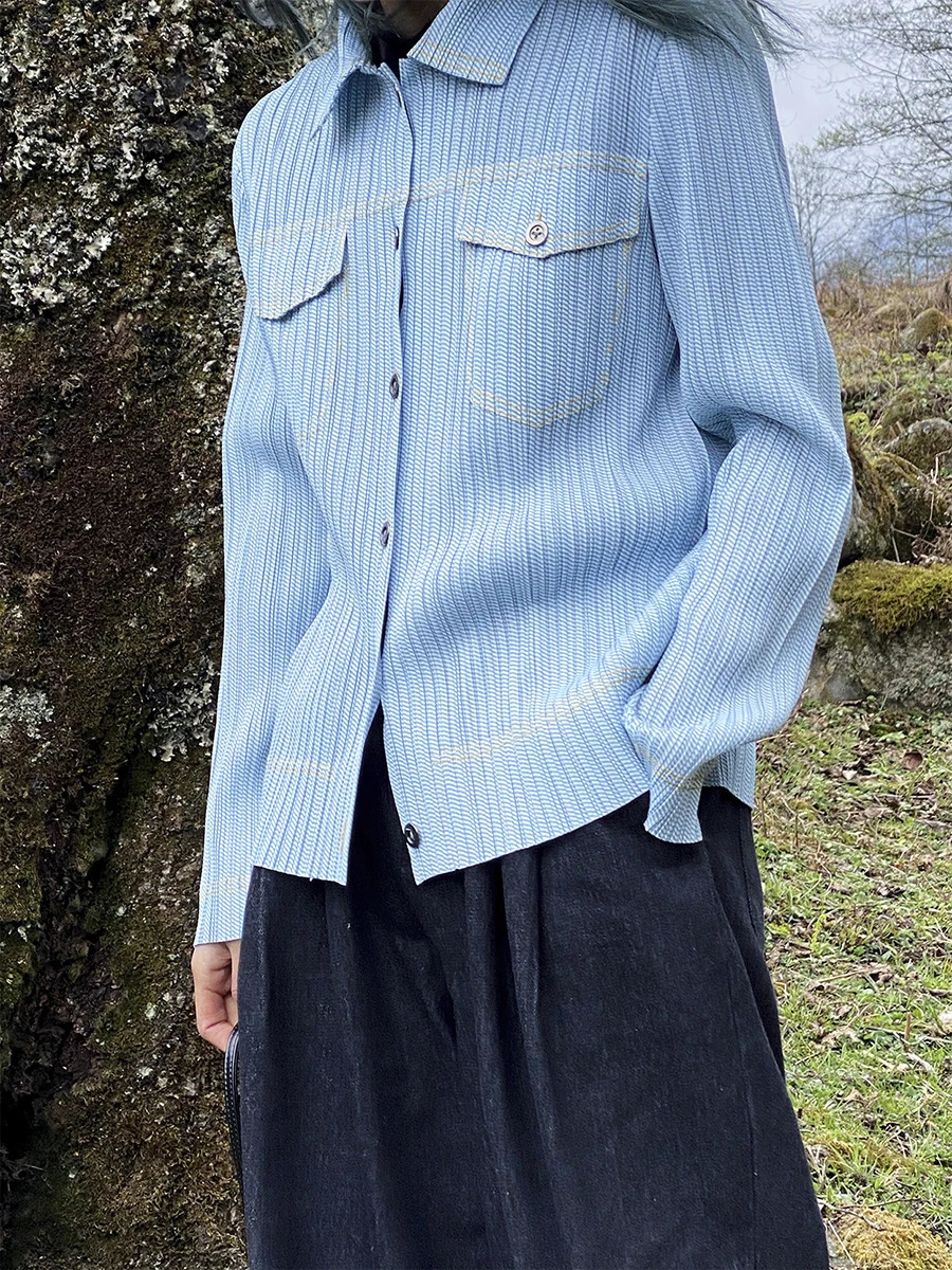 Miyake Pleated Denim Printed Shirt Long Sleeve Women Cardigan Single Breasted Casual Jacket Pocket Coat Top 240812