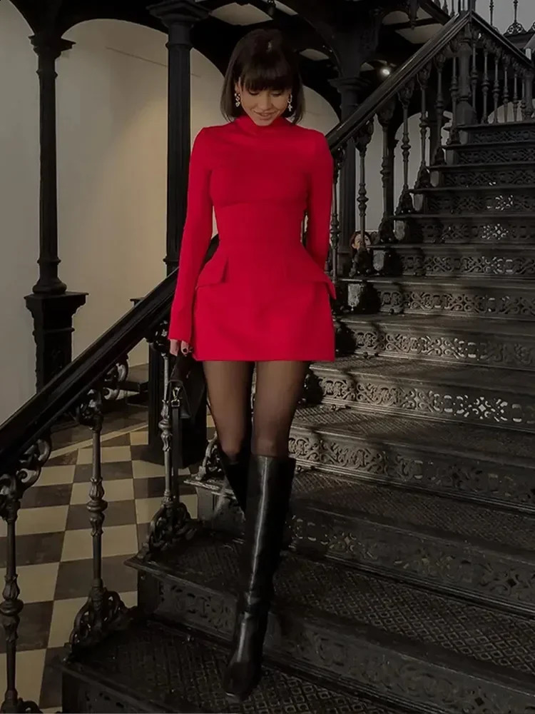 Fashionable long sleeved half turtle neck dress for womens casual autumn spring solid color buttocks set party 240809