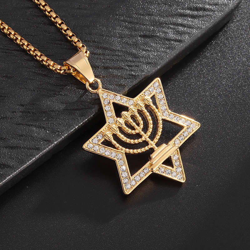 Star of David Hexagram Pendant Necklace Full Zircon Real Gold Plated Mens Jewelry