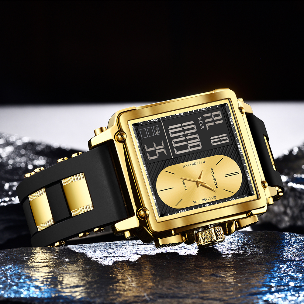 LIGE Men's Square Sports Watch Silicone Strap Multi functional Waterproof Alarm Clock Night Light Watch Men's Dual Display Electronic Watch