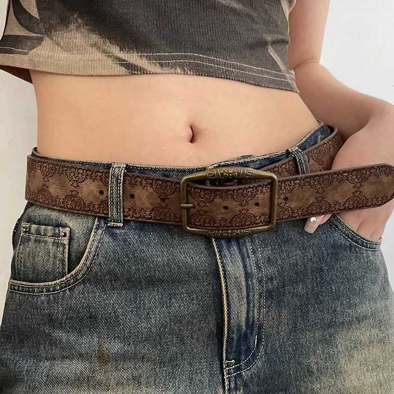 Pattern printing retro Y2K womens luxury designer brand buckle pin belt womens Pu leather hip-hop fashion belt W240807