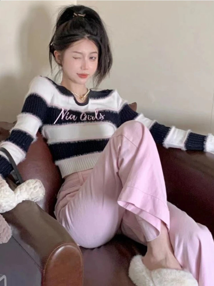 Deeptown Y2K Vintage Striped Cropped Sweater Women Harajuku Kpop Slim Long Sleeve Pullover Korean Contrast Knitwear Tops Jumper 240812