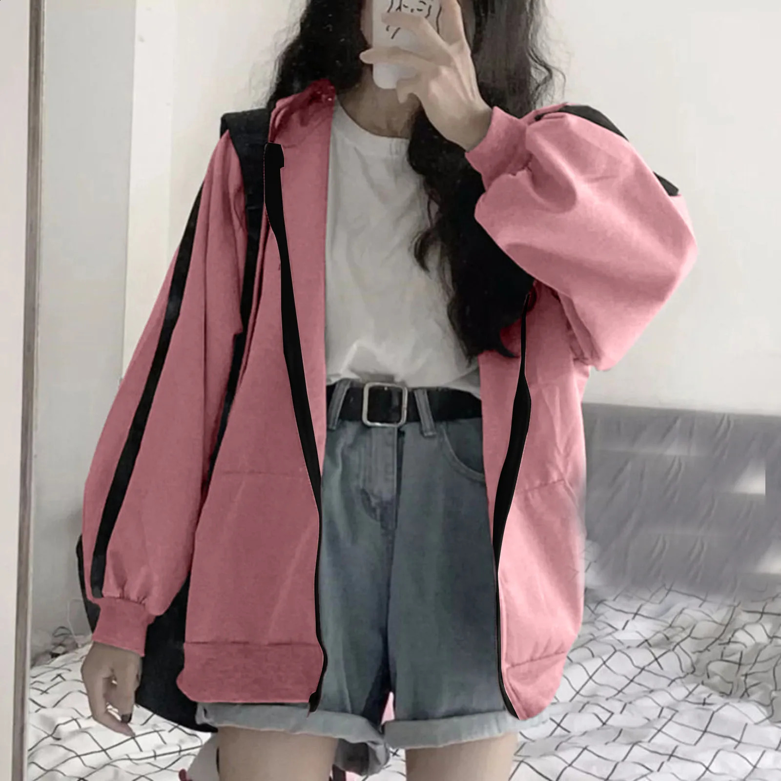 Harajuku Women Sweatshirts Korean Version Oversized Solid Zip Up Hoodies Jacket Retro Long Sleeve Fleece Hooded Sweatshirt Coats 240812
