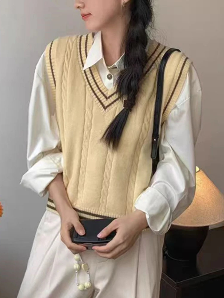 Jmprs Preppy Style Women Vest Sweaters Korean V Neck Striped Knitted Tops Fall Elegant Sweet Casual Female All Match Vest Coats 240812