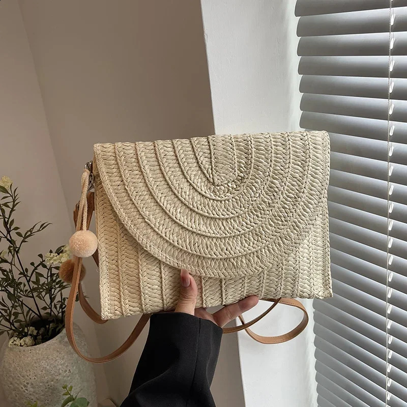 2024 Summer Handbag Clutch Bag For Women Fashion Khaki Straw Simple Small Beach Crossbody Phone Purse Flap Envelope 240812