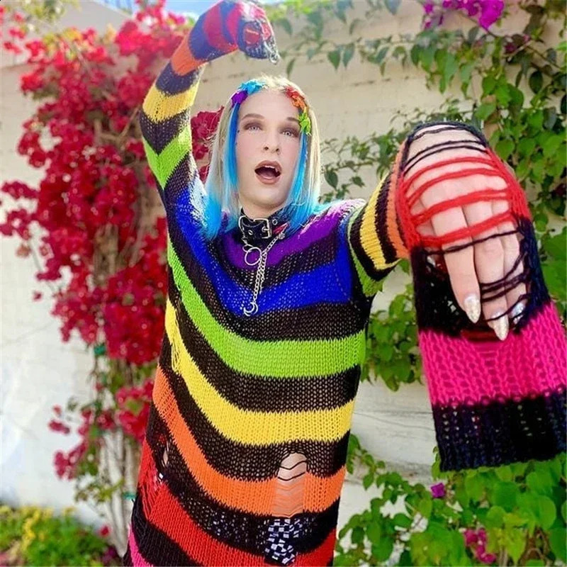 Goth Punk Gothic Sweater Oversized Pullovers Women Striped Cool Hollow Out Hole Broken Jumper Harajuku Aesthetics Sweater 240812