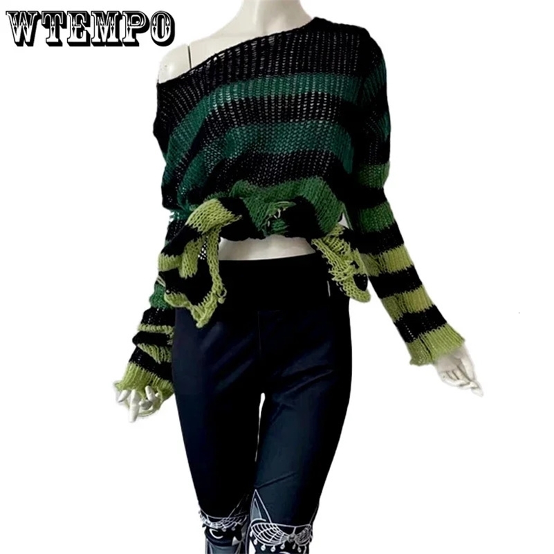 Goth Y2K Striped Sweater Ripped Punk Gothic Sweaters for Women Harajuku Aesthetic Halloween Pullover Tops 240812