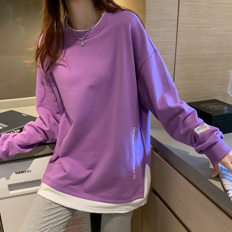 new side slit long sleeved T shirt women round neck pullover fake two piece autumn winter hoodie for women c414c