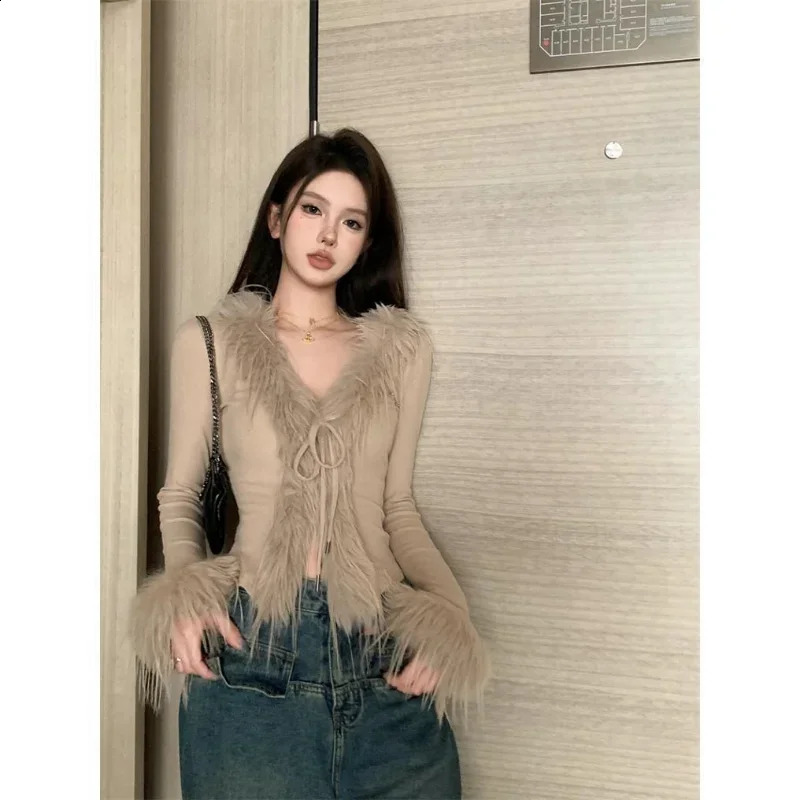 Solid Color Fur Knitted V-neck Tie Cardigan Women Clothes Cropped Fashion Y2k Tops Korean Atmosphere Slim Fit T-shirt 240813