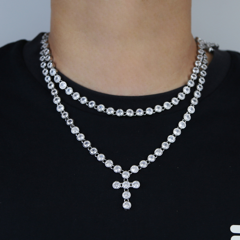 Geometric Zirconia Tennis Chain: Iced-Out 5A CZ Cross Pendant Necklace